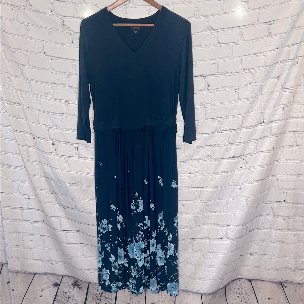 J. Jill Navy Blue V-Neck Long Sleeve Floral Print Dress Size Medium